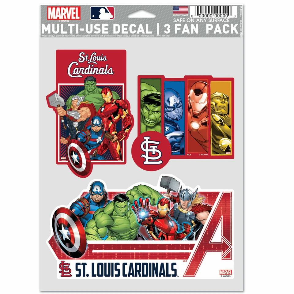 ST. LOUIS CARDINALS MARVEL AVENGERS 3 PIECE MULTI-USE DECALS DISNEY MLB LICENSED - Image 1 of 1