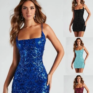 Mujer Vestido Corto Sin Mangas Camisola Vestido Lentejuelas Novia Fiesta Banquete Vestido - Imagen 1 de 31