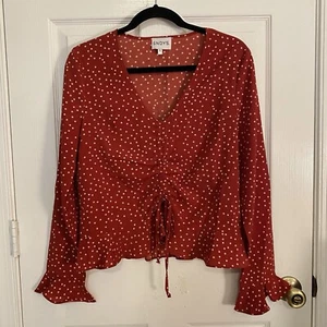 Sndys Womens Blouse Shirt Rust Red Ruffle Sleeve Tie Polk Dot Size Small Ruched - Picture 1 of 12