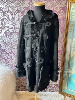 Vintage Armani Jeans Real Black Rabbit Fur Reversible Duffle Coat Hooded UK 14 - Image 1 of 4