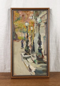 Postes de lámpara, pintura al óleo de otoño, escena callejera vintage, artista Kozlyanin - Imagen 1 de 12