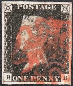 1840 AS57 SG1 1d SCHWARZE PLATTE 9 SEHR SCHÖN GEBRAUCHT 4 RÄNDER ROTES MALTESERKREUZ (BB) - Bild 1 von 2