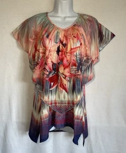 Top OneWorld Grande Rosa Tropical Floral Encaje Boho Brillante Multicolor Hada - Imagen 1 de 9