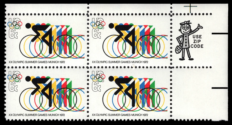US Scott # 1460, anillos de ciclismo y olímpicos, bloque de cremallera de (4) estampillas de 1972 de 6¢, MNH Foto 1 de 1