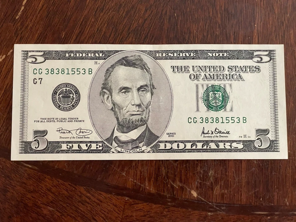 2001 - $5 Dollar Bill Note Clean Crisp - Image 1 of 4