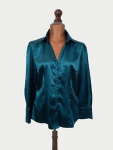 Vintage 80s Shirt Blouse Elegant Classy Chic Fluid Satin Emerald Green UK 14 - Picture 1 of 7