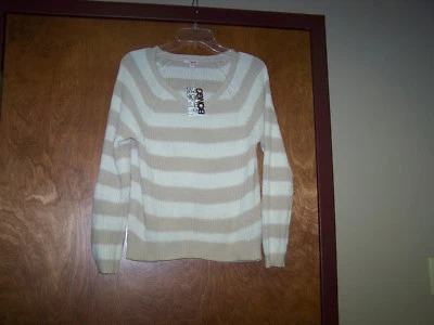 BONGO JUNIORS LARGE CHENILLE V-NECK SWEATER BEIGE CREAM STRIPES NWT NEW $26 - Image 1 of 4
