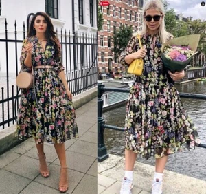 VESTIDO ZARA NEGRO MULTI FLORAL CHIFÓN FLOTANTE MIDI MANGA 3/4 TALLA M 12 14 - Imagen 1 de 10
