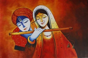 Hand Painted Radha Krishna Painting Of Religious Art On Canvas 38x25 Inches - Picture 1 of 9