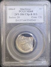 1996 P Jefferson Five Cent Coin Mint Error 24% Double Clip & B/S  PCGS MS 64