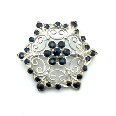 Broche FILIGRANA zafiro esterlina y negro - prendedor copo de nieve plata inglesa vintage Foto 1 de 4