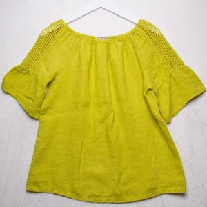 Terzo Millenio 100% Linen Crochet Lace Wide Neck Blouse Chartreuse Italy Sz S - Picture 1 of 8