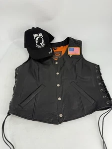 Damen Leder Biker Weste mit Patches POW * MIA 9-11 amerikanische Flagge + mit POW * MIA Kappe - Bild 1 von 15