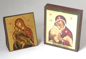 x2 Small Handmade Greek Byzantine Religious Icon Plaques Virgin Mary Christ - Picture 1 of 7