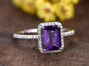 Emerald Cut Natural Amethyst White Gold Plated Silver Art Deco Engagement Ring - Picture 1 of 6