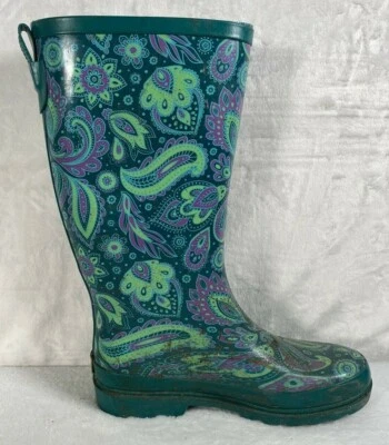 Western Chief Rain Boots Womens 6 Paisley Pull On Mid Calf Green Gardening Shoes - Image 1 of 3