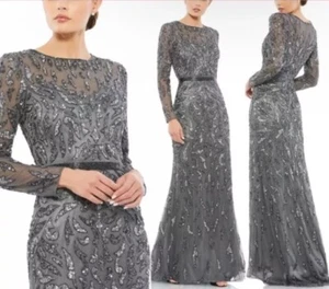 Mac Duggal Size 6 Beaded Long Sleeve Evening Gown Charcoal $598 - Picture 1 of 20