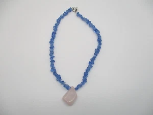 PRETTY BLUE GLASS BEAD NECKLACE with PINK QUARTZ STONE - Picture 1 of 2