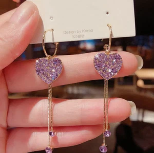 2024 Fashion Heart Tassel Crystal Earrings Hoop Drop Dangle Women's Jewelry Xmas - Picture 1 of 4