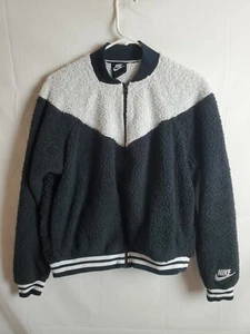 Nike Sportswear Sherpa Fuzzy Bomber Jacket Size L Womens Black White MSRP $100 - Picture 1 of 7