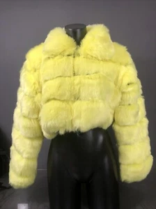 Furry Cropped Faux Fur Coat Jacket Women Small Fluffy Top Collar Winter Yellow - Picture 1 of 10