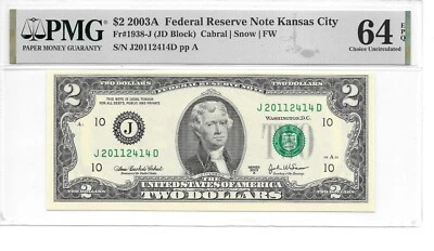 2003A Kansas City $2 FRN Harder to Find JD Block PMG 64 EPQ Choice Uncirculated - Image 1 of 4