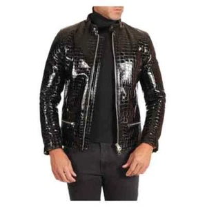 Chaqueta de moto de charol negro en relieve cocodrilo para hombre - Imagen 1 de 12