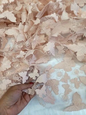 3D Butterfly Design Lace Blush Embroidered Fabric Sold By The Yard For Dress Pro - Image 1 of 4