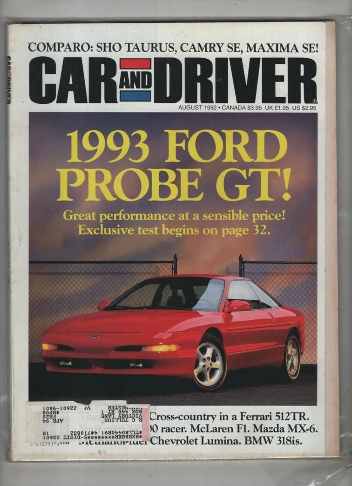 Car And Driver Mag 1993 Ford Probe GT Sho Taurus August 1992 062821nonr - Image 1 of 1