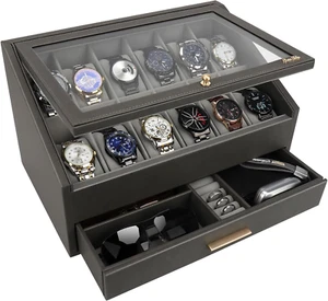 Scatola Orologio Organizer Uomo con 12 Fessure 1 Cassetto e Finestra Superiore Barattolo Portaoggetti Di - Foto 1 di 7