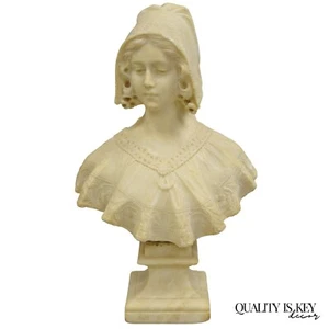 Antique Victorian Carved Alabaster Marble Figural Young Woman Maiden Bust Statue - Picture 1 of 12