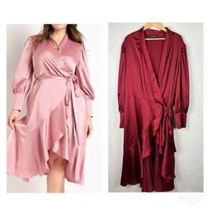 Eloquii Women's True Wrap Dress Size 26 Maroon Bishop Sleeve Flowy Girly Ruffle - Picture 1 of 13