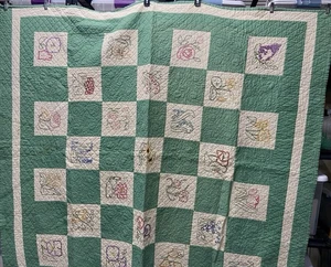 Vintage Handarbeit bestickt Blumen Block Quilt, Queen Size - Bild 1 von 7