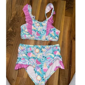 Girls Two Piece Blue Fruit and Dessert Theme Swimsuit Size 8-9 Youth - Picture 1 of 7