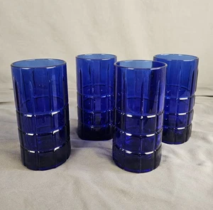 Vintage 4-teiliges Set Anchor Hocking Kobaltblau Tartan Muster 16 Unzen Glas Becher - Bild 1 von 6