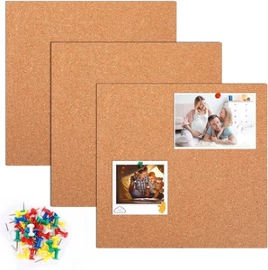 3 Pack Self-Adhesive Cork Board Tiles 7.9"x7.9" w/ 50 Multi-Color Push Pins - Picture 1 of 5
