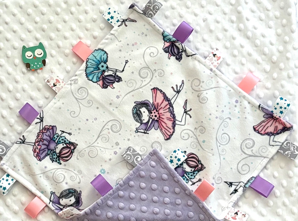 Double Minky! Ballerina Fairies Minky & Purple Minky Tag Taggie Security Blanket - Image 1 of 1