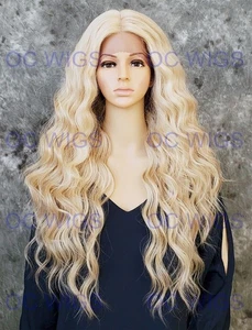 Lange gewellte Locken Lace Front Hitze OK Echthaar Mischung Perücke Hellblond Mix EVEW - Bild 1 von 9