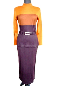 VTG Retro Naturecore LIZ CLAIBORNE Orange Brown Stripe Wool Sweater Maxi Dress M - Picture 1 of 5