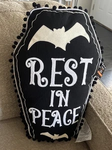 Halloween Coffin Pillow Decor REST IN PEACE Casket Bat Black And White NWT - Picture 1 of 6