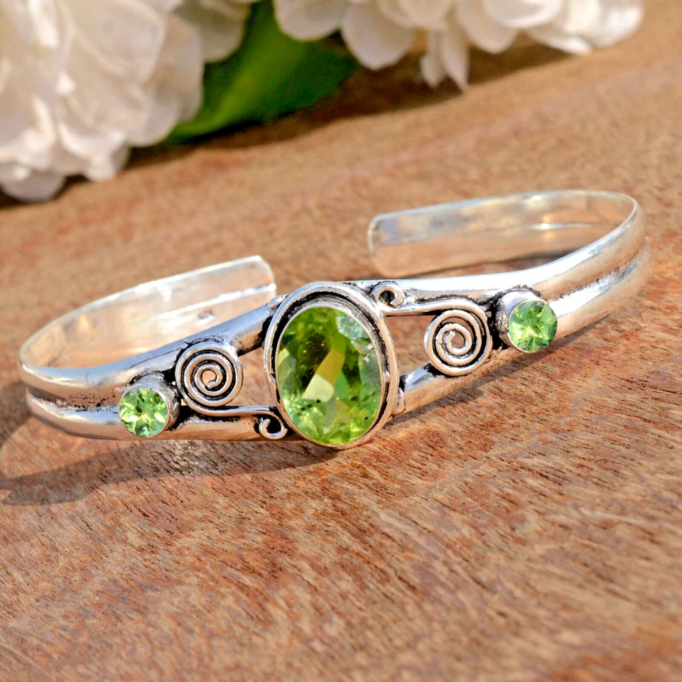 Faceted Peridot Gemstone 925 Sterling Silver Cuff Bracelet Gift For Life Line - Image 1 of 4