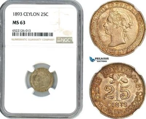 AI047, Ceylon, Victoria, 25 Cents 1893, Royal Mint London, Silver, NGC MS63 - Picture 1 of 1