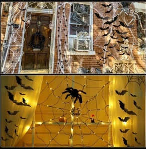 Halloween Deko Set SPINNENNETZ LICHTERKETTE dehnbar Spinnennetz 3D Fledermäuse - Bild 1 von 11