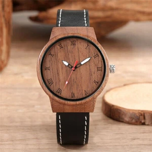 Novel Roman Number Dial Men's Nature Wood Quartz Wrist Watch Black Leather Band - Picture 1 of 8