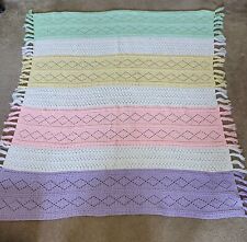 VTG Handmade Knit Crochet Throw Blanket/Table Cloth/ 71"x 69"/Strips/Fringed