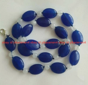 Natural 13x18mm Oval Blue Sapphire & White Jade Round Gems Bead Necklace 18'' - Picture 1 of 12