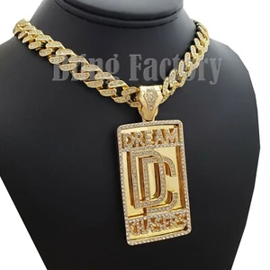 Hip Hop DREAM CHASERS DC Pendant & 18" Full Iced Cuban Choker Chain Necklace - Picture 1 of 12