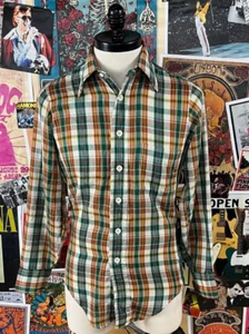 Vintage 70s Green Orange White Plaid Arrow Musk Cloth Button Up Shirt Mens Small - Picture 1 of 12