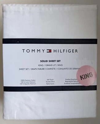 Tommy Hilfiger King Sheet Set Solid White 100% Cotton Soft Breathable - Image 1 of 4