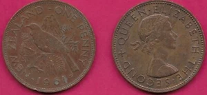 NEW ZEALAND ONE PENNY 1961 XF ELIZABETH II,LAREATE BUST RIGHT WITH SHOLDER - Picture 1 of 1